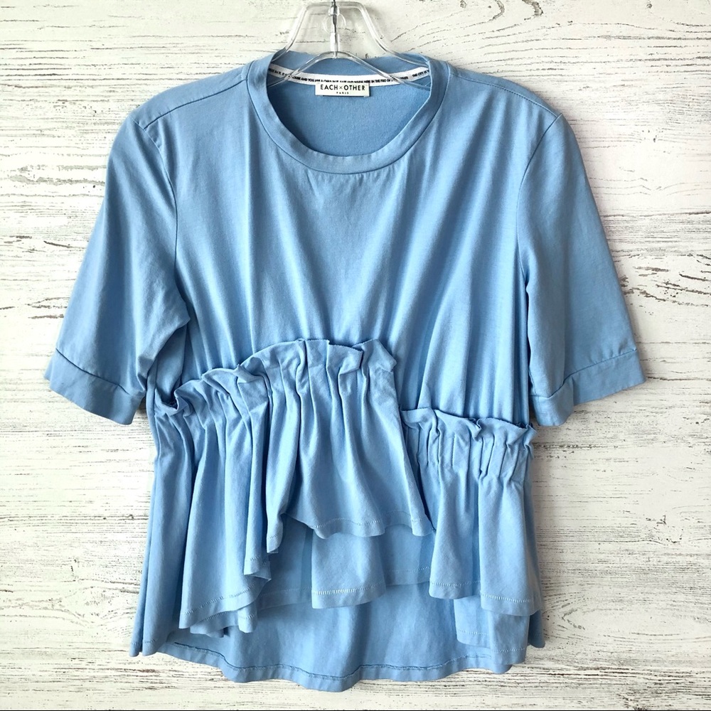 EACH X OTHER Baby Blue Asymmetrical Ruffle Tee